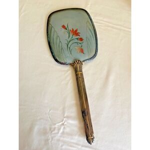 VTG Hand Mirror Floral Reverse Painted Glass Brass Tone Handle Art Deco Vanity